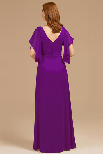 A-Line Grape V-Neck Ruched Flutter Sleeve Long Mother of the Bride Dress
